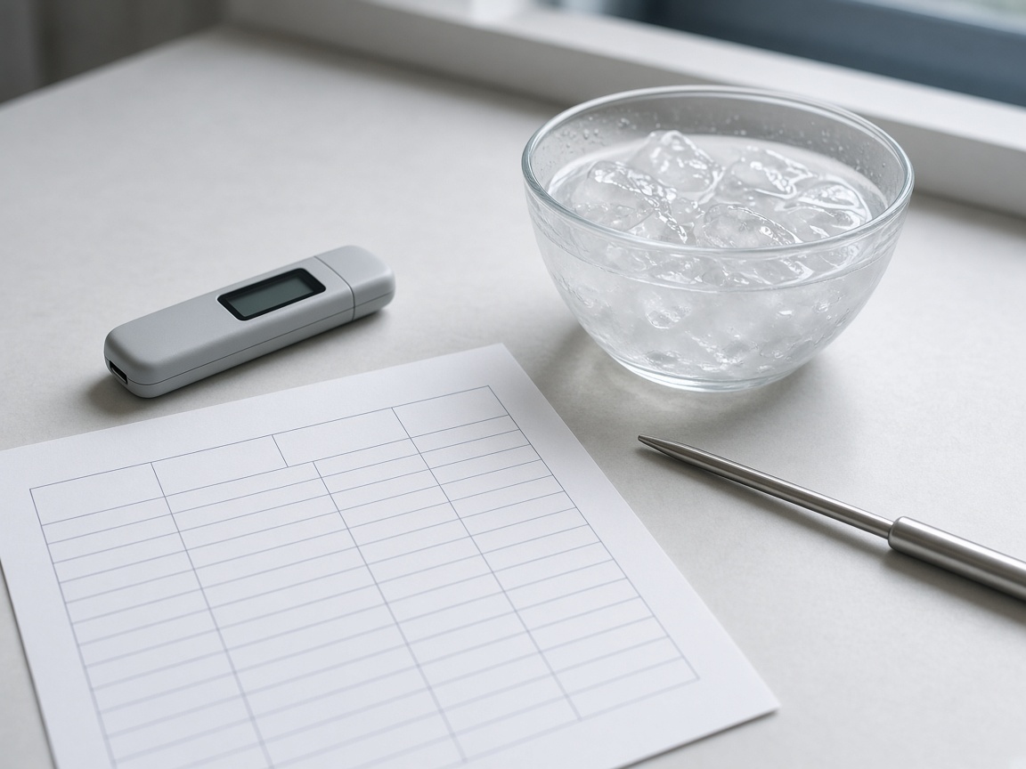 Still-life of a USB temperature logger beside a blank CSV sheet and an ice-water bowl