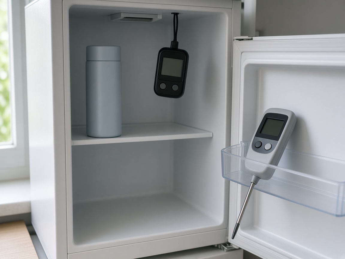 Still-life of an open fridge with a closed bottle, a hanging logger and a hand probe, all displays blank.