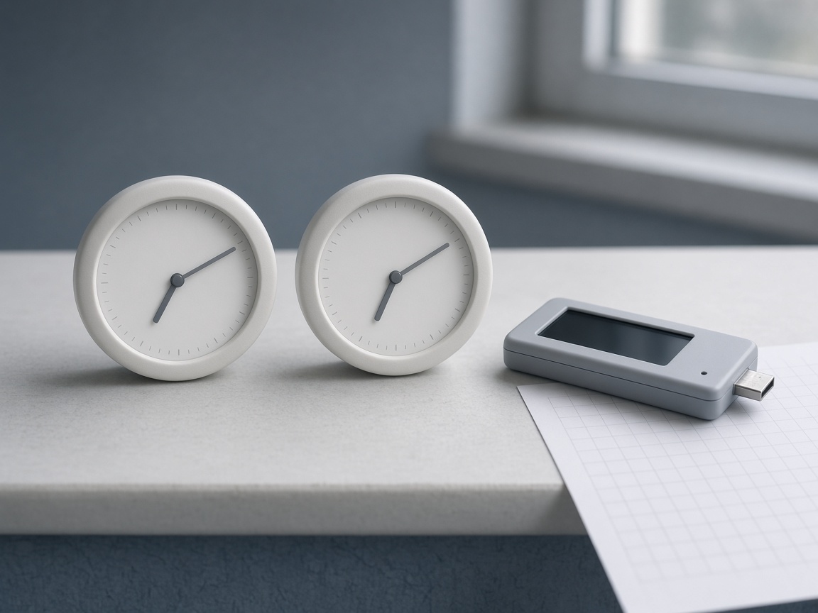 Still-life of two analog clocks beside a USB logger with a dark blank screen and a blank grid.