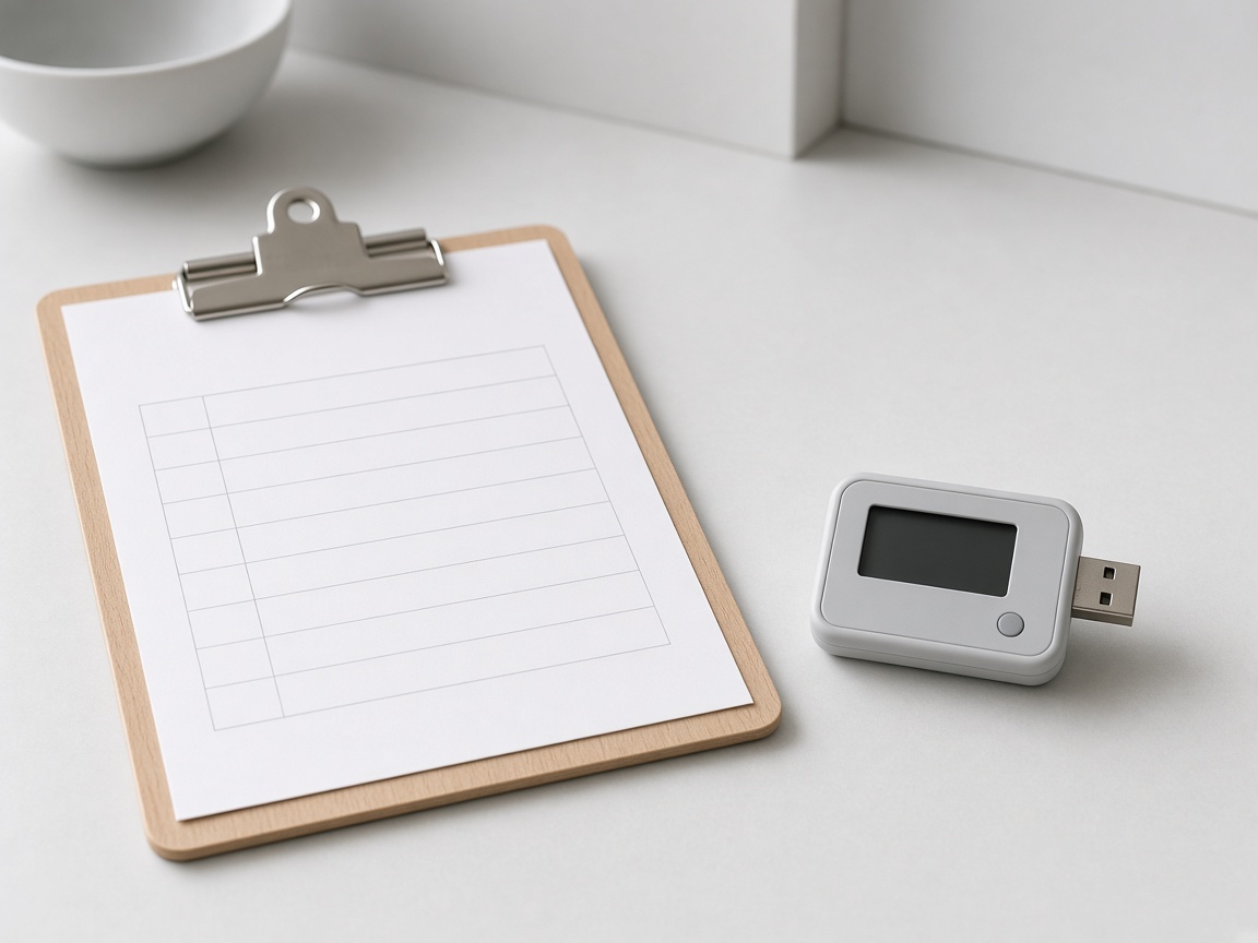 A clipboard temperature diary beside a USB logger, with a line keeping the two records apart.