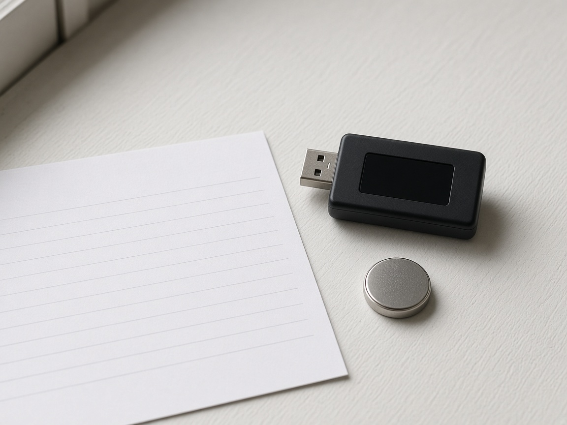 Still-life of a blank ruled sheet, a USB logger with a dark blank screen, and a loose coin-cell battery.