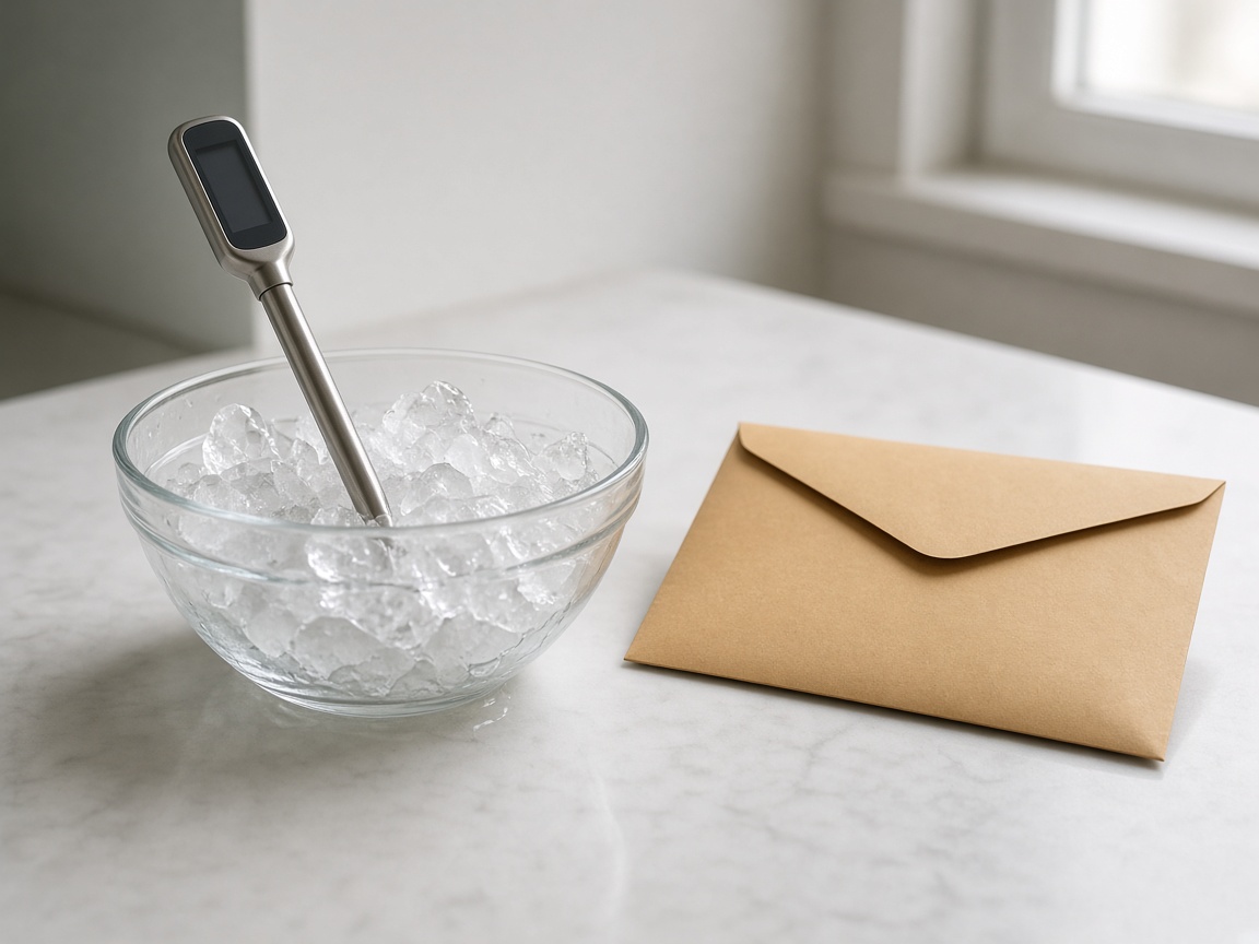 A probe in ice slurry beside a sealed certificate envelope.