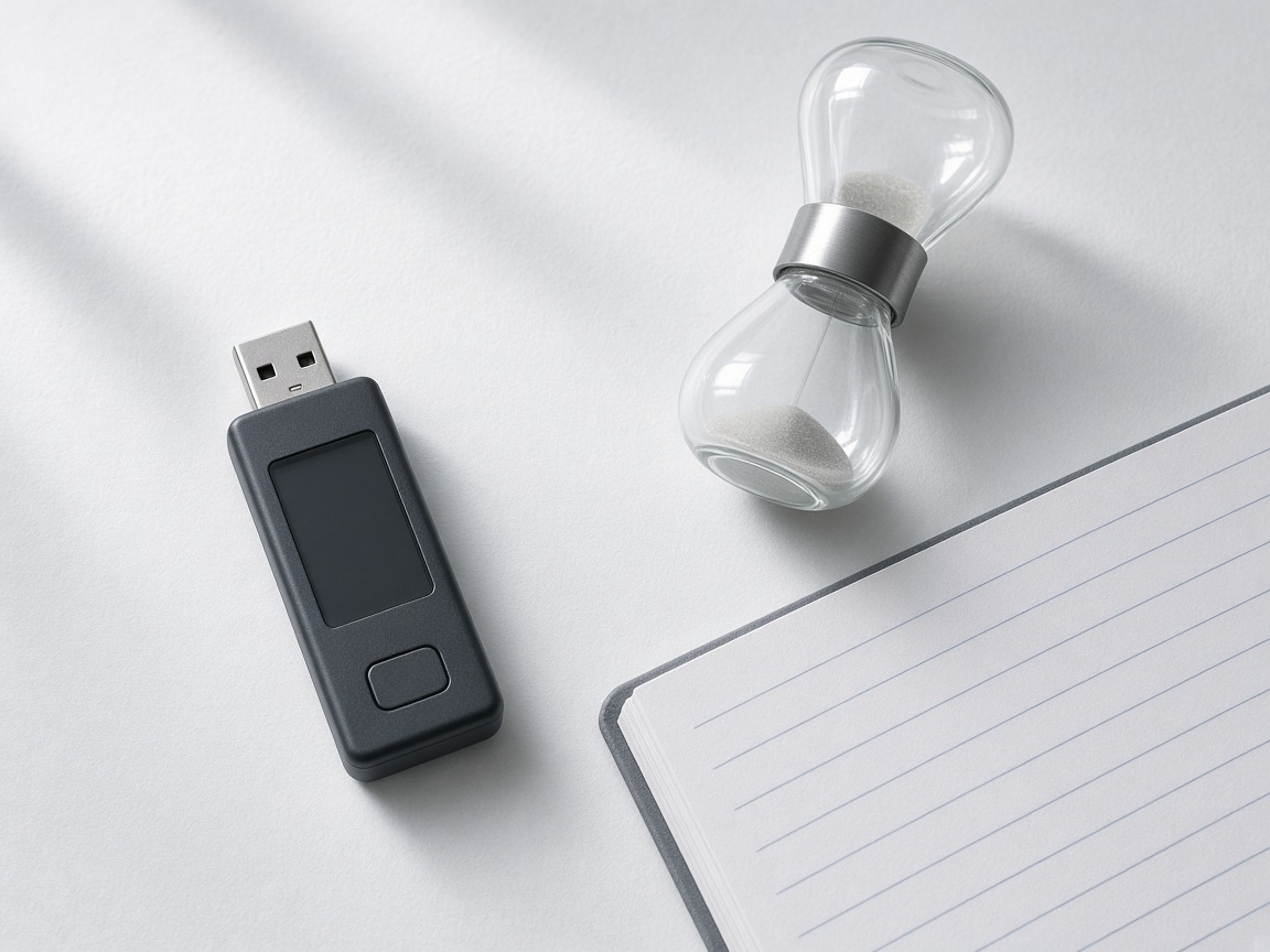Still-life of an unbranded USB logger with a dark blank screen beside an hourglass and a blank notebook.