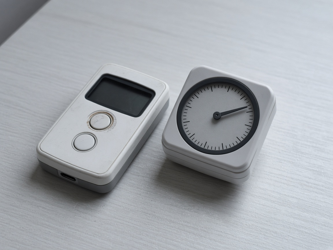 Still-life of a two-button logger with a dark blank screen beside a small analog delay clock.